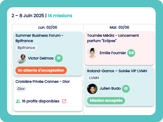 Vue semaine des missions avec intervenants affectés et profils disponibles